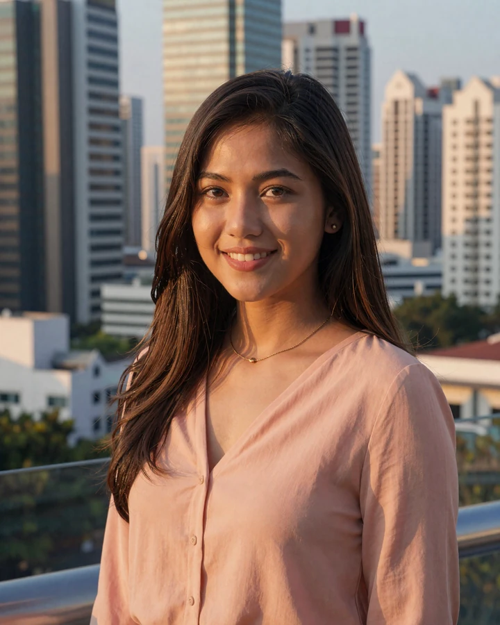 Verified Filipina woman member smiling on Manila terrace during golden hour on QualityDatingAdvice filipino dating platform