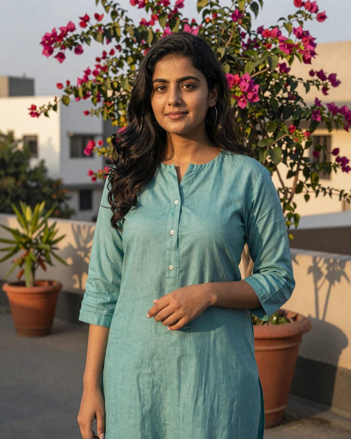 Verified Bangladeshi woman in teal kurta smiling on Dhaka rooftop during Bangladeshi women dating video call
