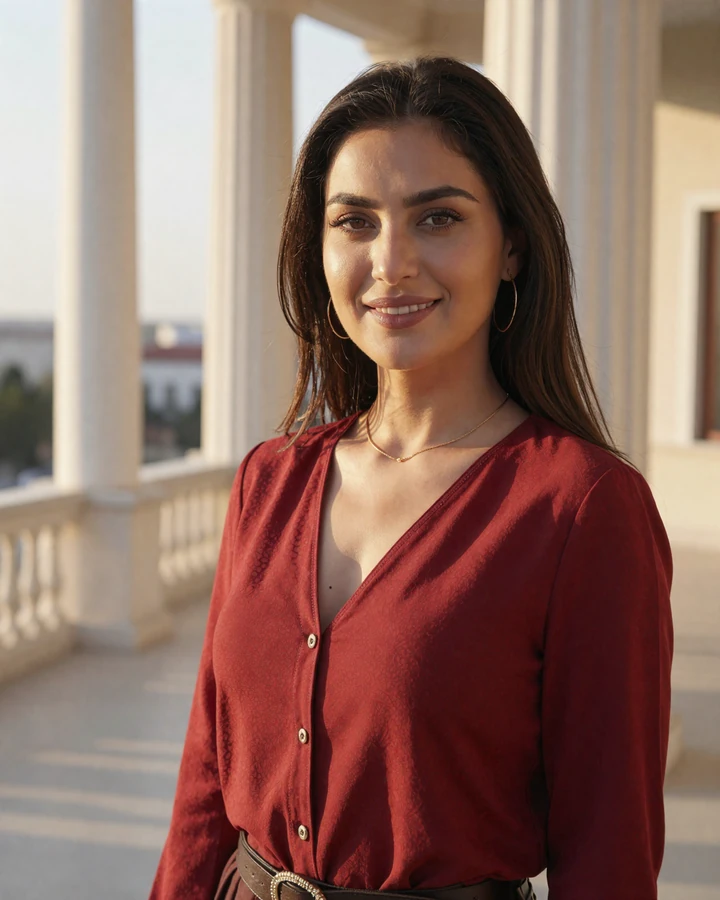 Verified Turkmen woman member smiling on sunlit terrace for Turkmenistan women dating platform