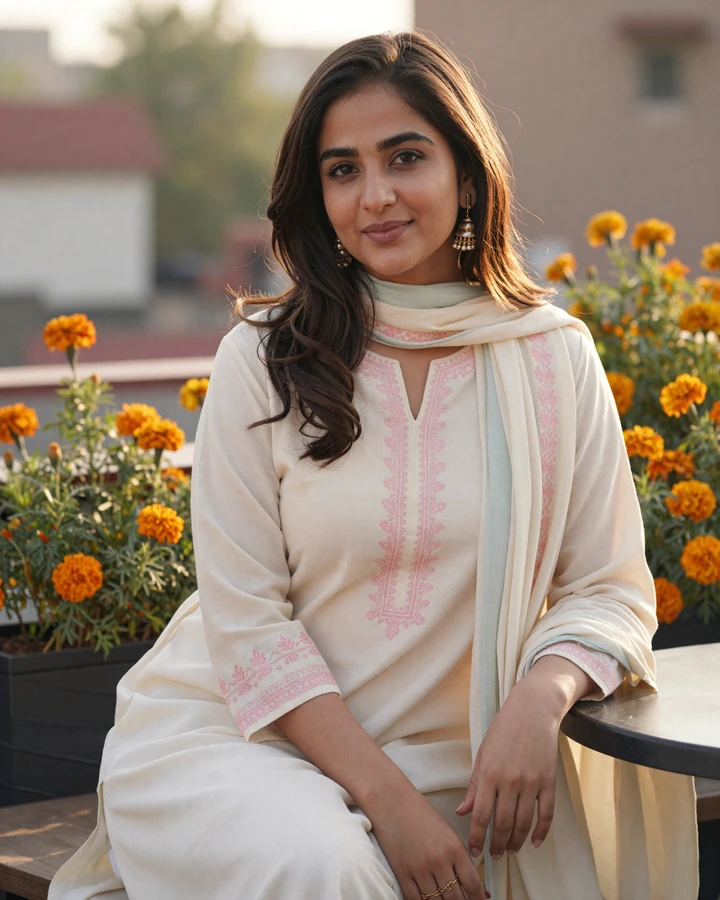 Verified Pakistani woman member smiling on Lahore rooftop cafe during Pakistani women dating profile photo session