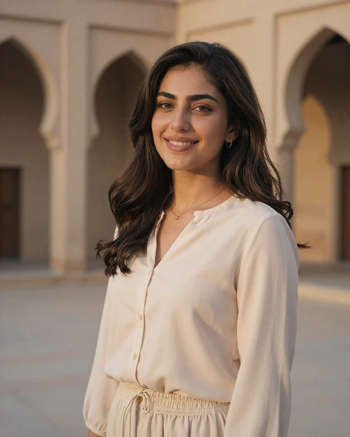 Verified Jordanian woman member smiling in a sunlit Amman courtyard on QualityDatingAdvice dating platform