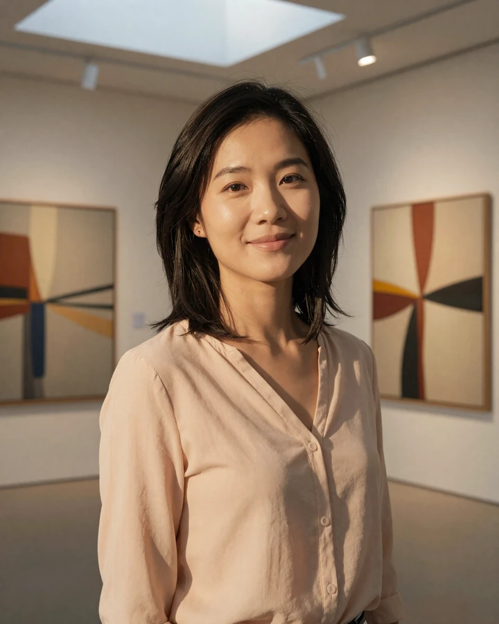 Confident Asian woman in a modern gallery setting representing cross-cultural dating connections
