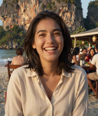 Sarai, 26 year old Thai woman from Krabi at a beachside restaurant on profile tips page