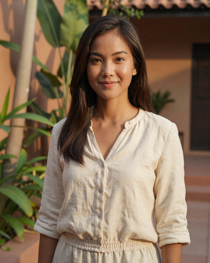 Southeast Asian woman smiling in a sunlit courtyard representing cultural differences in asian dating