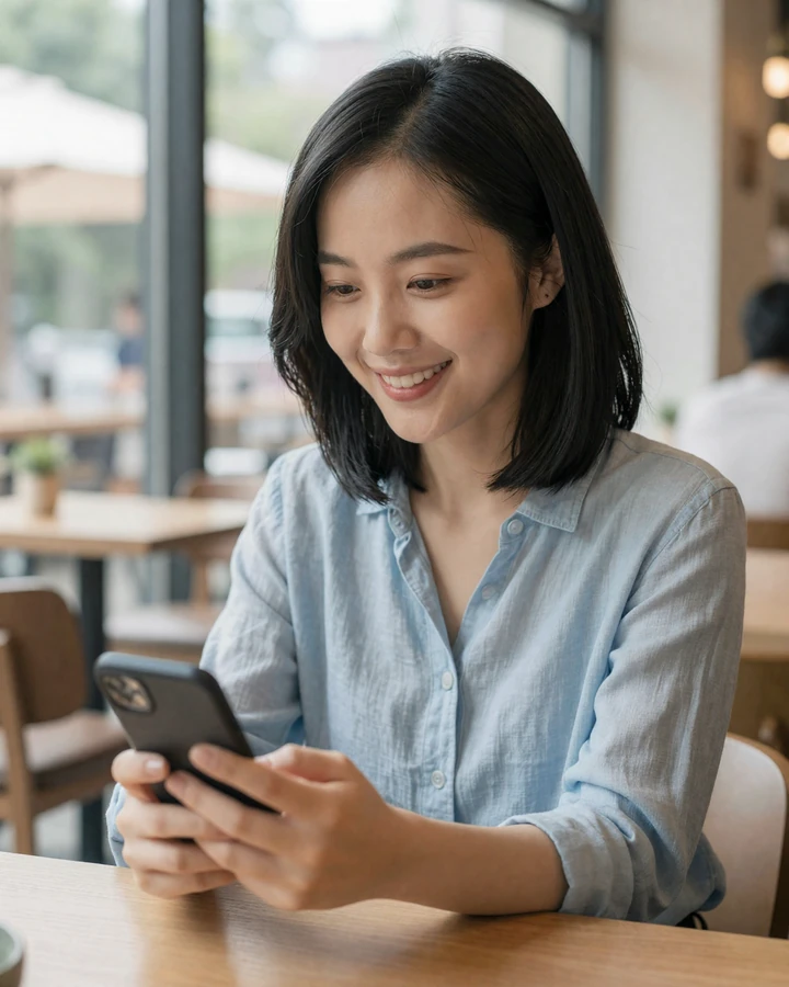 Asian woman smiling while using translation app on her phone in a bright cafe for international dating chat