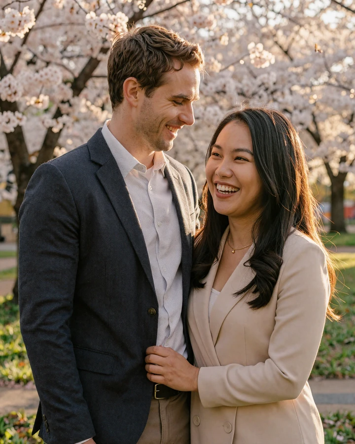 Happy international couple sharing a genuine moment in a cherry blossom garden representing dating success stories