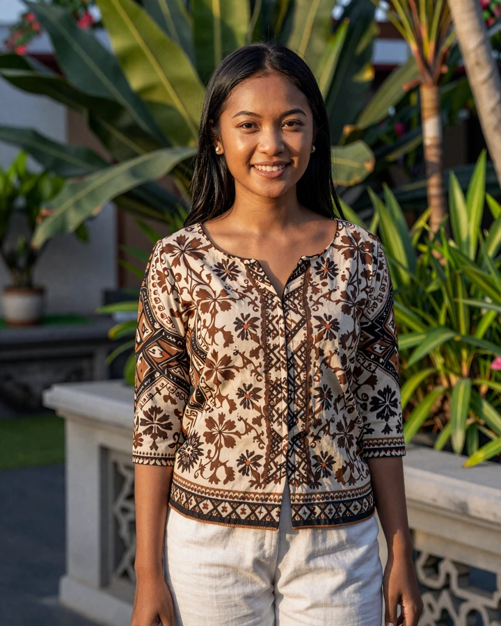 Verified Indonesian woman member smiling on tropical terrace for Indonesian women dating platform
