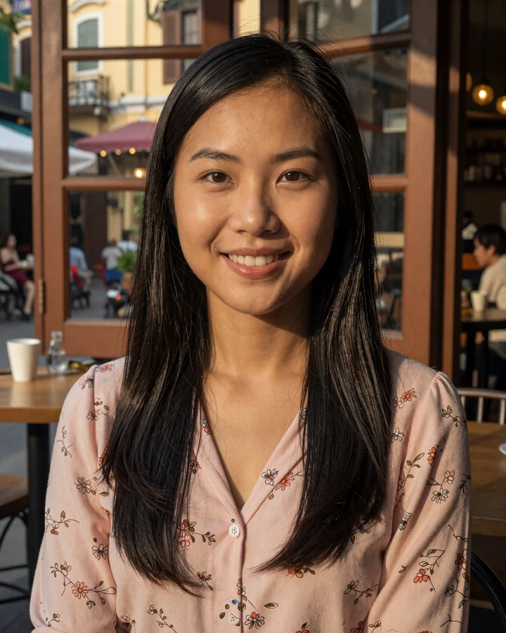 Verified Vietnamese woman member smiling in a Hanoi cafe on QualityDatingAdvice dating platform