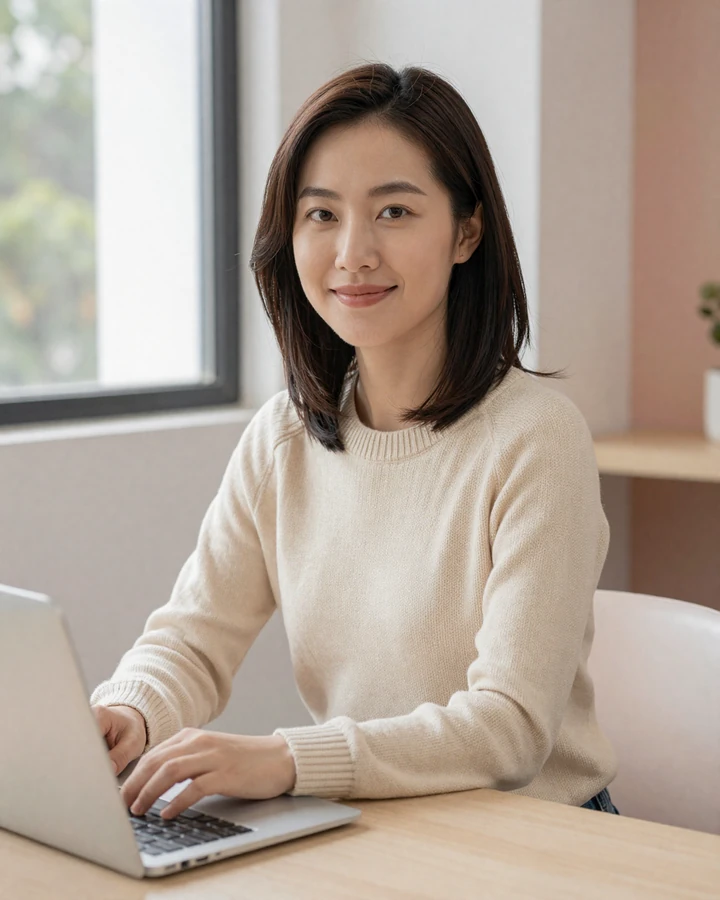 Asian woman safely browsing a dating platform on her laptop in a modern setting