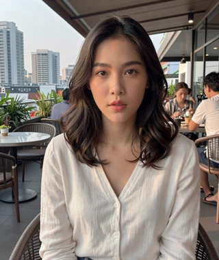 Kanya, 24 year old Thai woman from Bangkok at a rooftop cafe on profile tips page