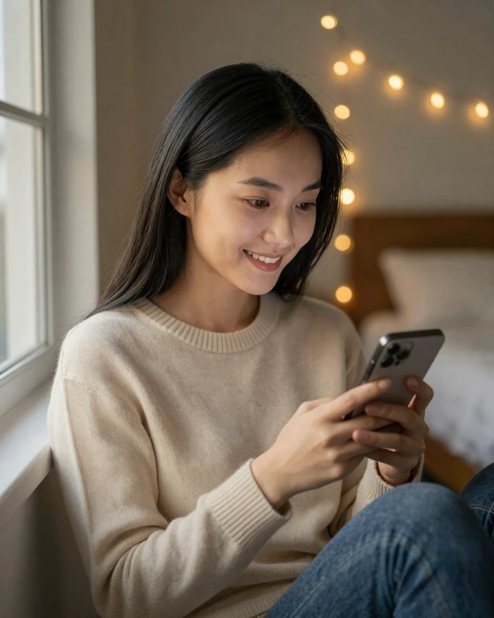 Young Asian woman smiling at her phone during a long distance video call, golden hour light by window