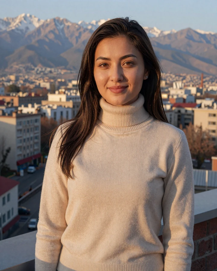 Verified Kazakh woman member from Almaty smiling on rooftop terrace with Tien Shan mountains at golden hour