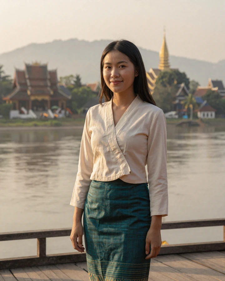 Verified Laotian woman member smiling on riverside terrace in Luang Prabang on QualityDatingAdvice dating platform
