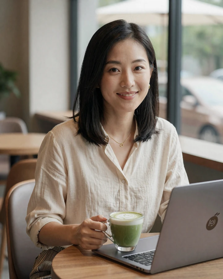 Asian woman confidently browsing a legitimate dating site on her laptop in a bright cafe setting