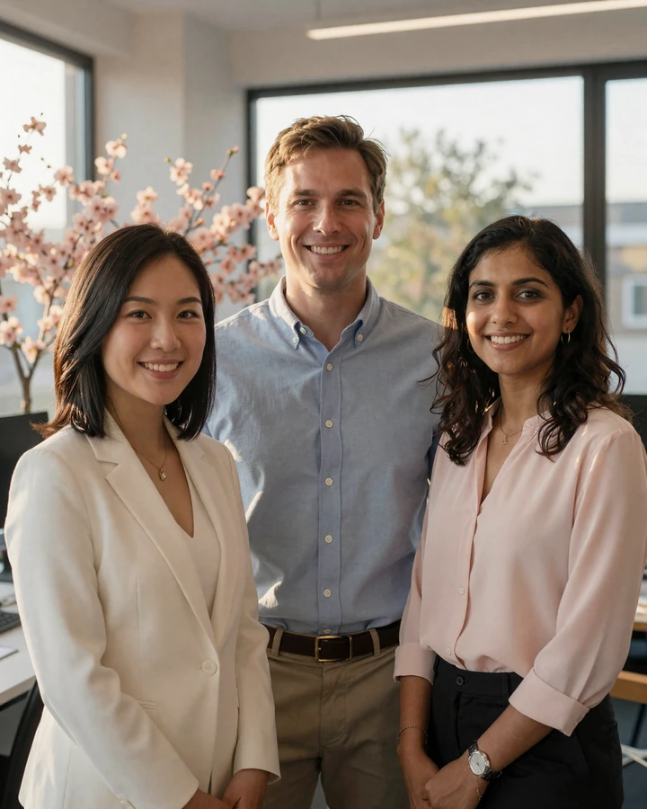 QualityDatingAdvice team members in the company office building an asian dating platform