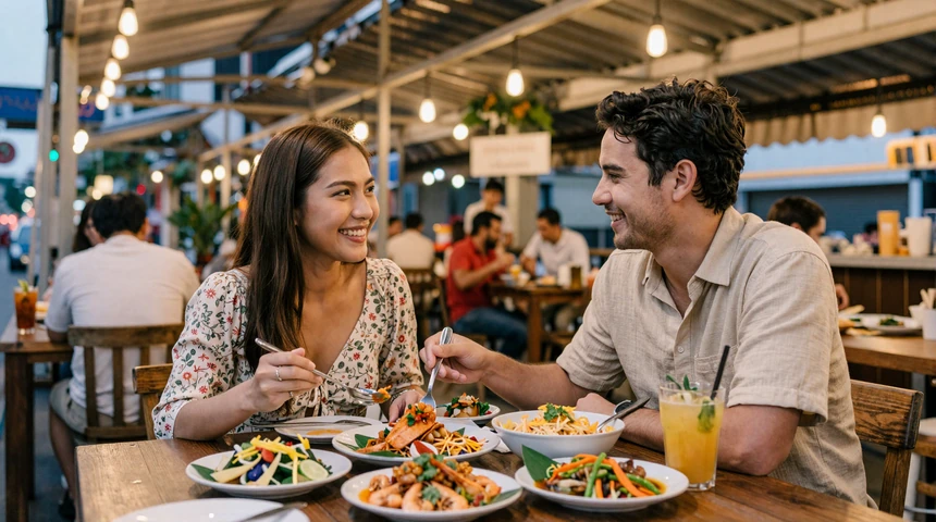 Cross-cultural couple sharing traditional Thai food at a Bangkok street restaurant during Thai women dating experience