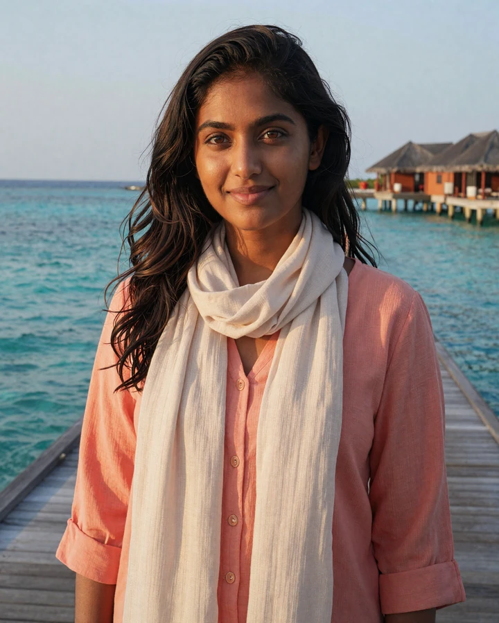 Verified Maldivian woman member smiling on a lagoon boardwalk on Maldivian dating site