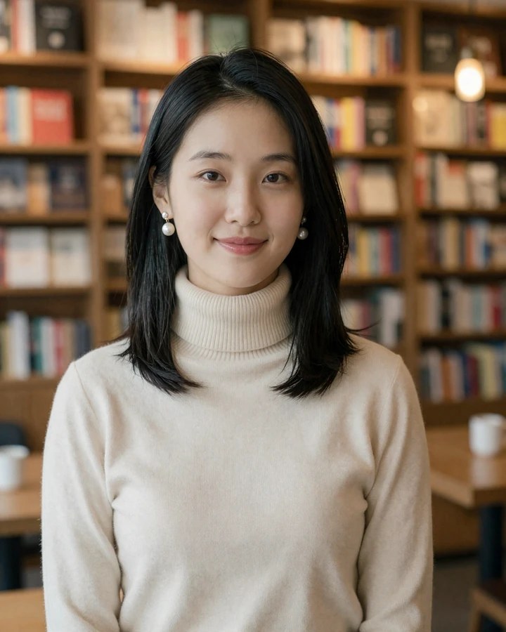 Verified North Korean woman member smiling in a cozy cafe setting on QualityDatingAdvice dating platform