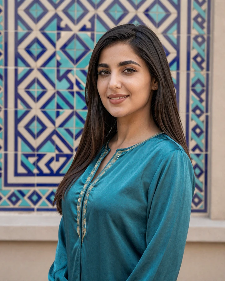 Verified Uzbek woman member smiling near traditional Uzbek ceramic tiles on QualityDatingAdvice dating platform