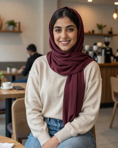 Verified Yemeni woman member smiling on a rooftop terrace in warm golden light on QualityDatingAdvice
