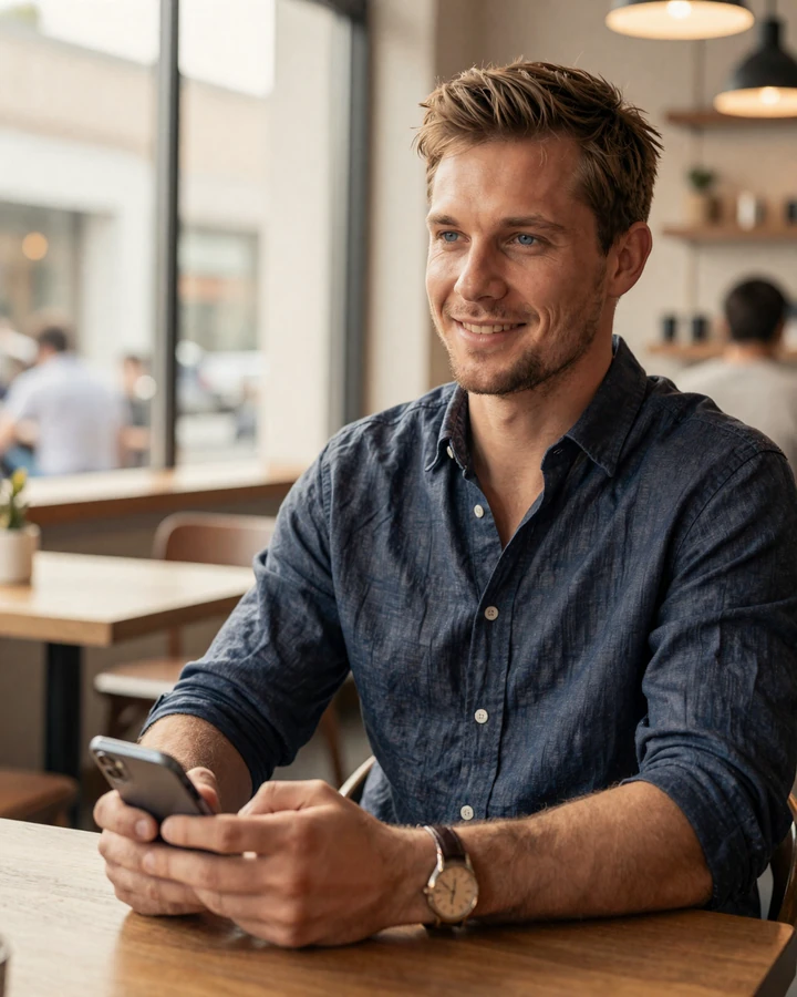 Man confidently creating his online dating profile on smartphone in a modern cafe setting