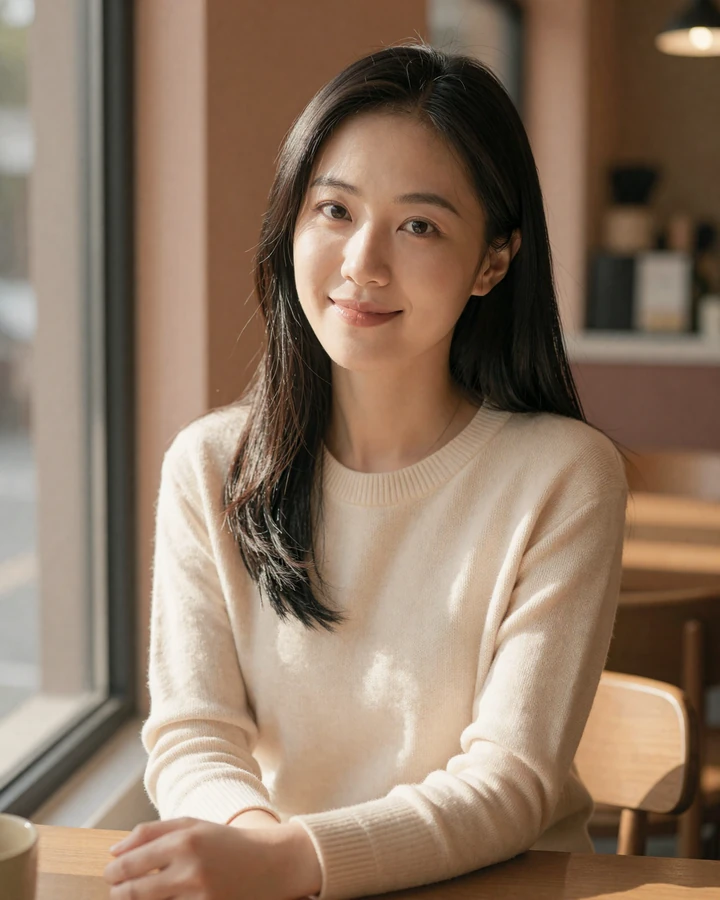 Verified Asian woman member smiling during a daytime cafe video call on QualityDatingAdvice