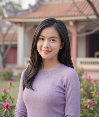 Trang, 23 year old Vietnamese woman from Hue in front of an ancient temple garden