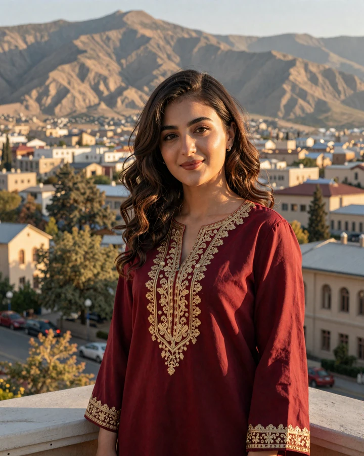 Verified Tajik woman member smiling on a Dushanbe balcony with Pamir mountains behind her