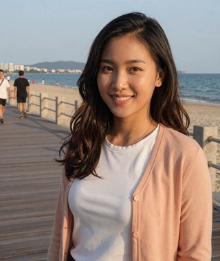 Thanh, 29 year old Vietnamese woman from Da Nang on beach boardwalk profile photo example