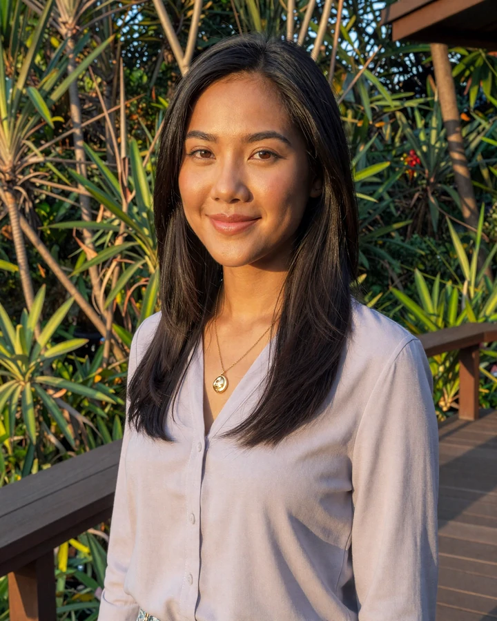 Kannika, a verified Thai woman member smiling on a terrace in Thailand on QualityDatingAdvice dating platform