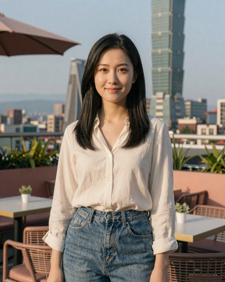 Hsin-Yi a verified Taiwanese woman member smiling on Taipei rooftop on Taiwan dating platform