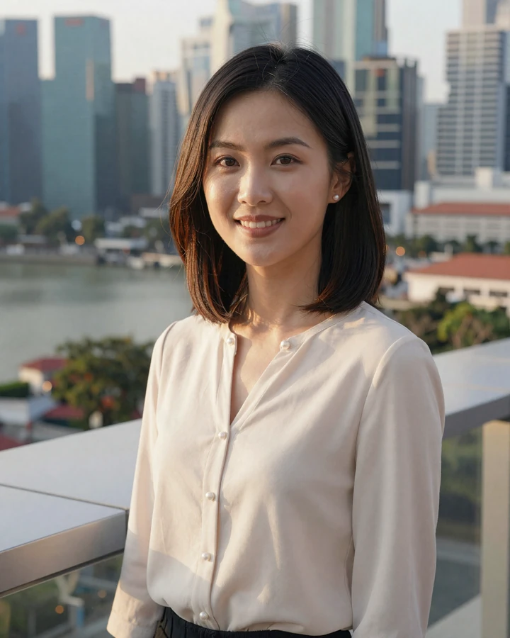Verified Singaporean woman member smiling on modern rooftop terrace with Singapore skyline