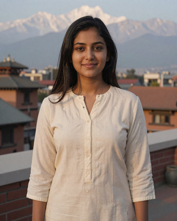 Verified Nepali woman member smiling on Kathmandu rooftop with Himalayan view on Nepali dating site