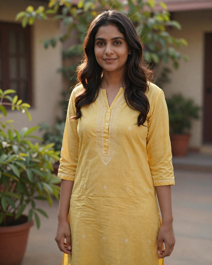 Verified Indian woman member smiling in a sunlit courtyard on QualityDatingAdvice dating platform